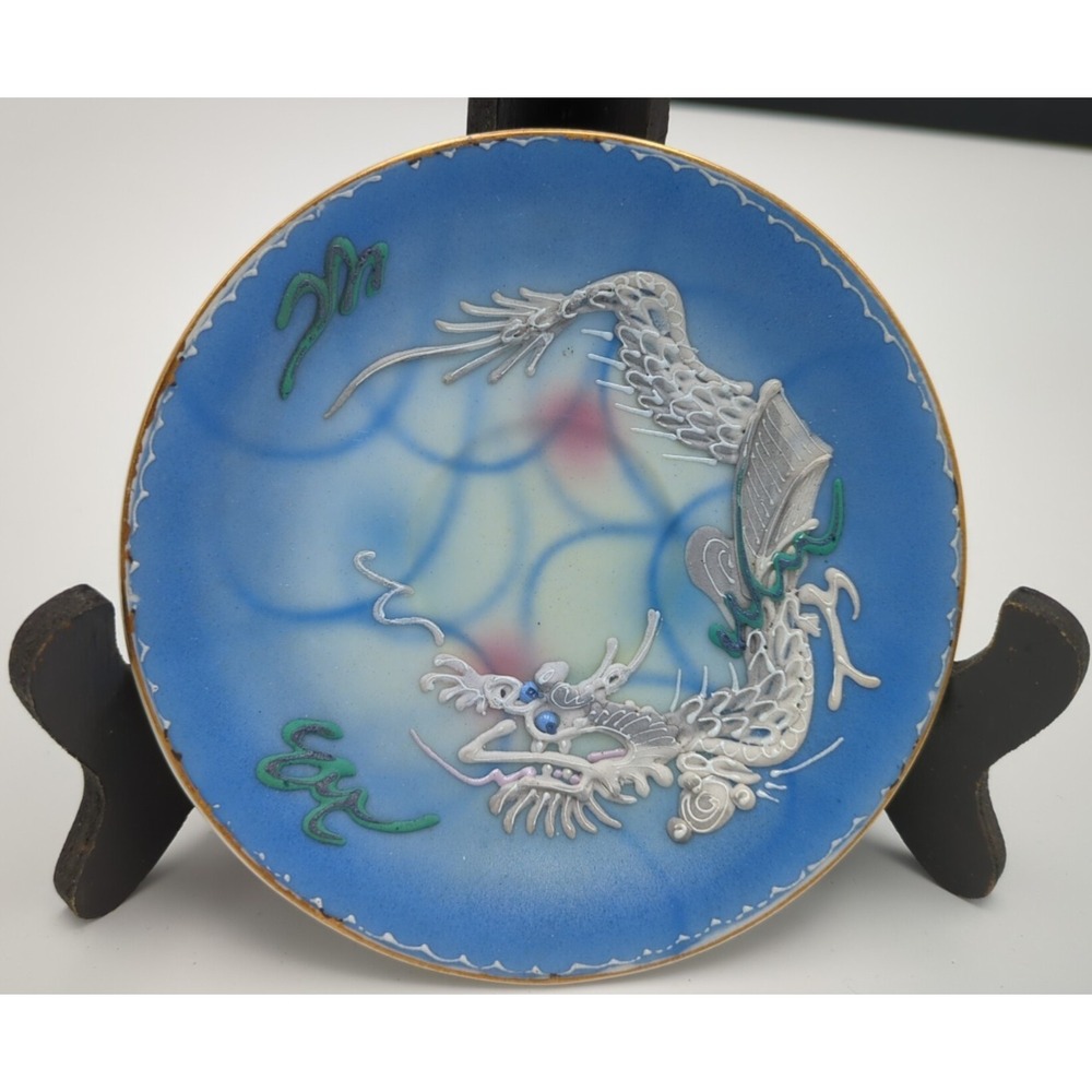 Saucer Blue Dragon 4¼" Moriage 3D Relief Handpainted Dragonware Occupied Japan